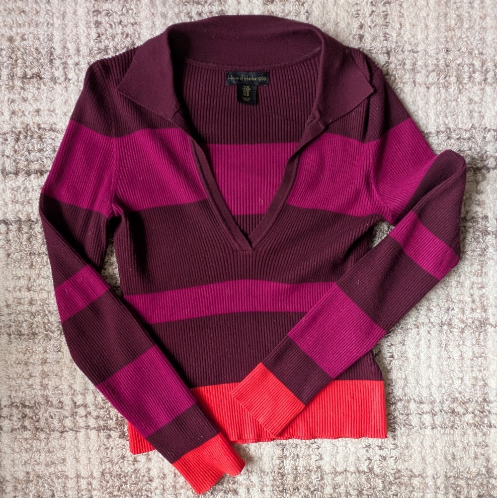 House of Harlow 1960 Pink and Burgundy Striped V-Neck Sweater